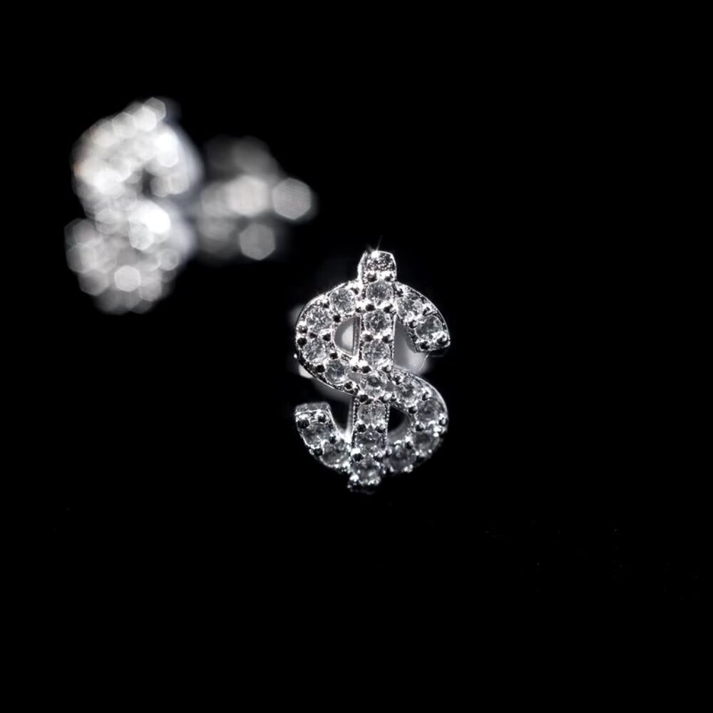 🆕 Dollar Sign Diamond Studded Earrings, 18K White Gold Hypoallergenic 🆕 - Picture 2 of 5